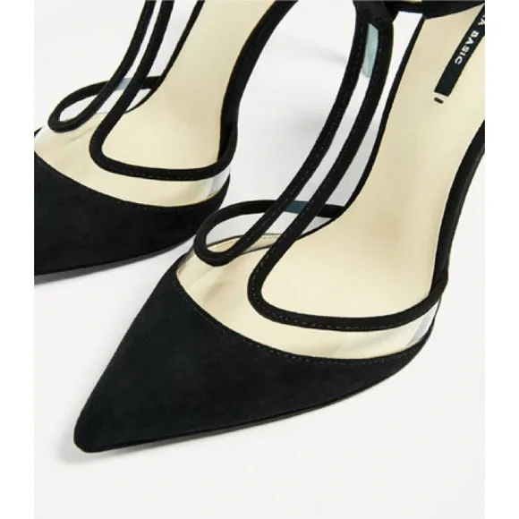 ZARA PLEXI BLACK SUEDE CLEAR VINYL ANKLE STRAPPY STILETTO HEELS POINTED TOE 8 - Picture 9 of 9